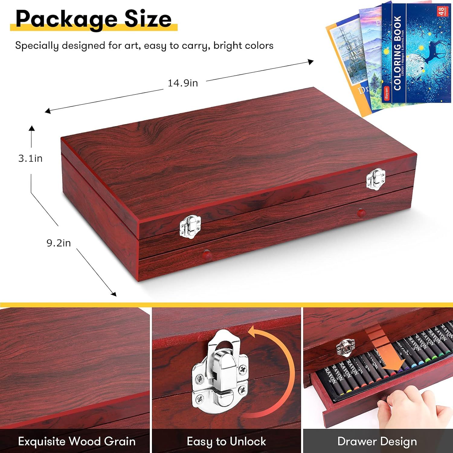 Communicates the exact physical dimensions of the art storage box (14.9in x 9.2in x 3.1in) to help shoppers understand its size and storage capacity for art supplies. Highlights multiple distinct…