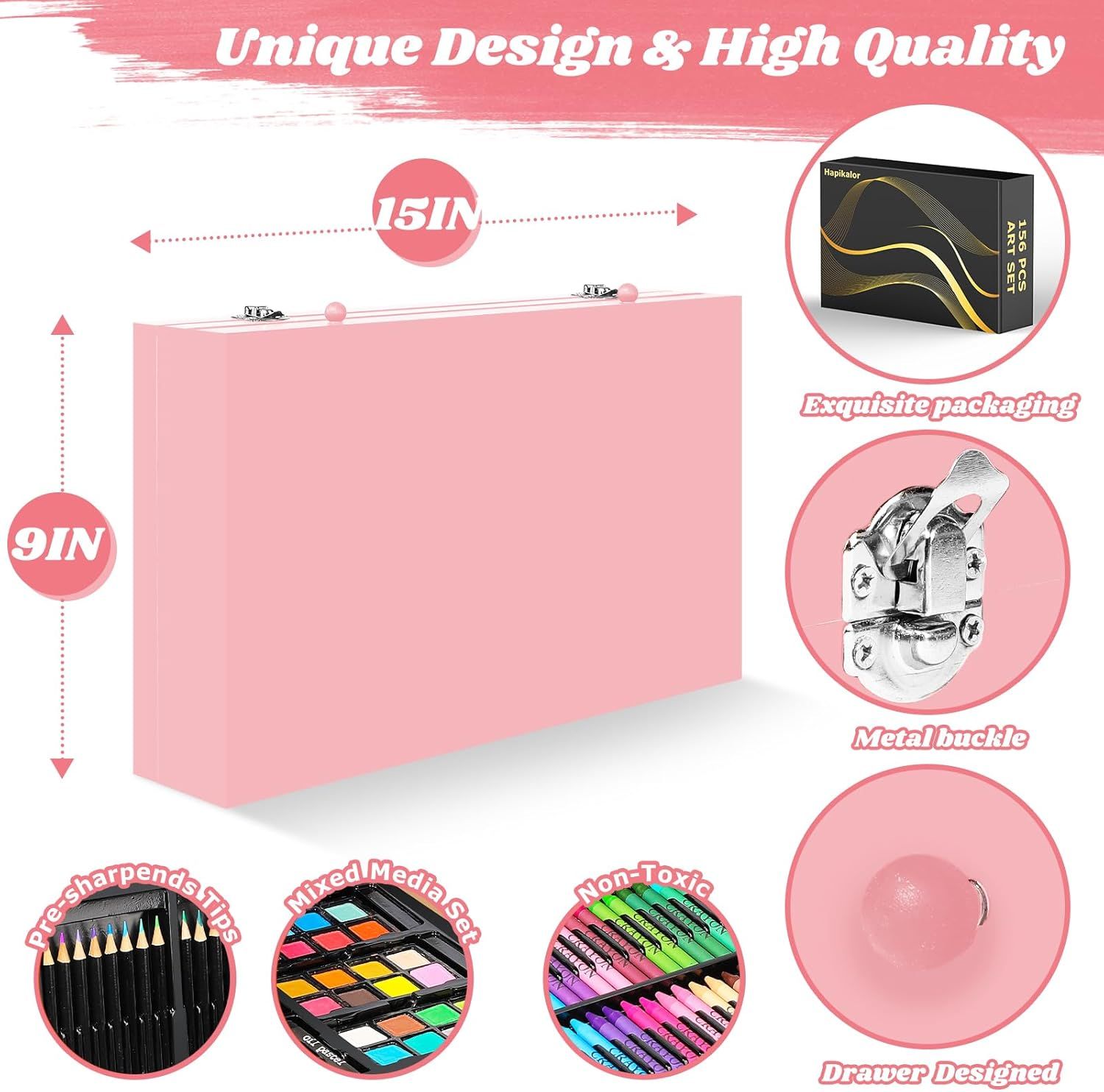 This image showcases multiple distinct features and benefits of the art supply case in a segmented layout, highlighting design quality, packaging, hardware, included contents, and functional design…