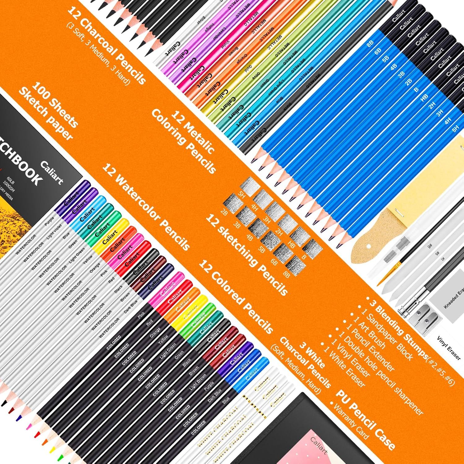 Shows the comprehensive contents of the art supply bundle, including multiple types of pencils, sketch paper, and accessories, to demonstrate the complete value and variety the customer receives.