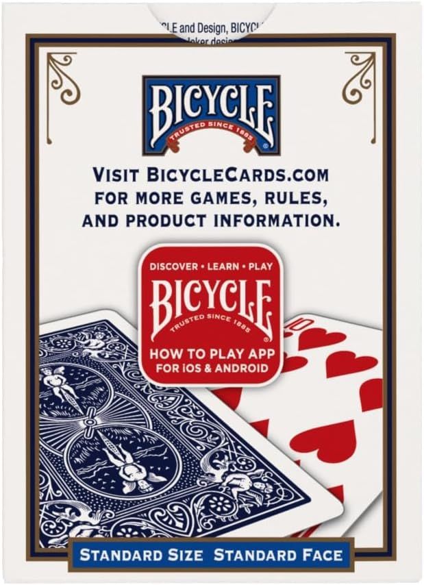 Communicates the Bicycle brand's heritage (Trusted Since 1885) and directs shoppers to the brand's website for additional games, rules, and product information, reinforcing brand authority and…