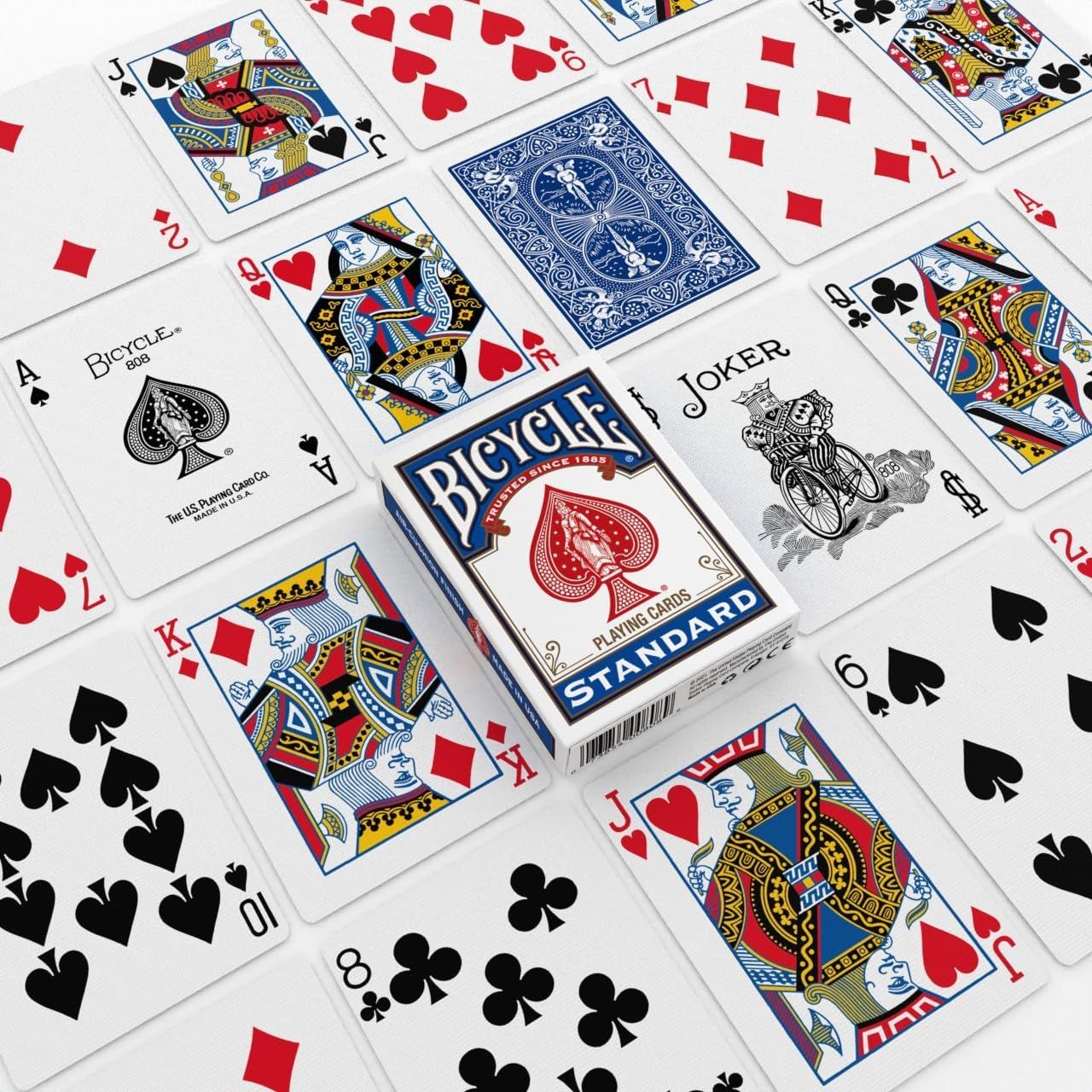 Provides a clean, catalog-style view of the Bicycle Standard playing cards deck alongside individual cards to show the product clearly without distractions.