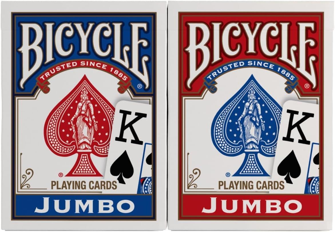 Showcases the Bicycle brand's product line by displaying two color variants (blue and red) of the Jumbo playing cards, while emphasizing the brand's heritage with 'Trusted Since 1885' messaging.