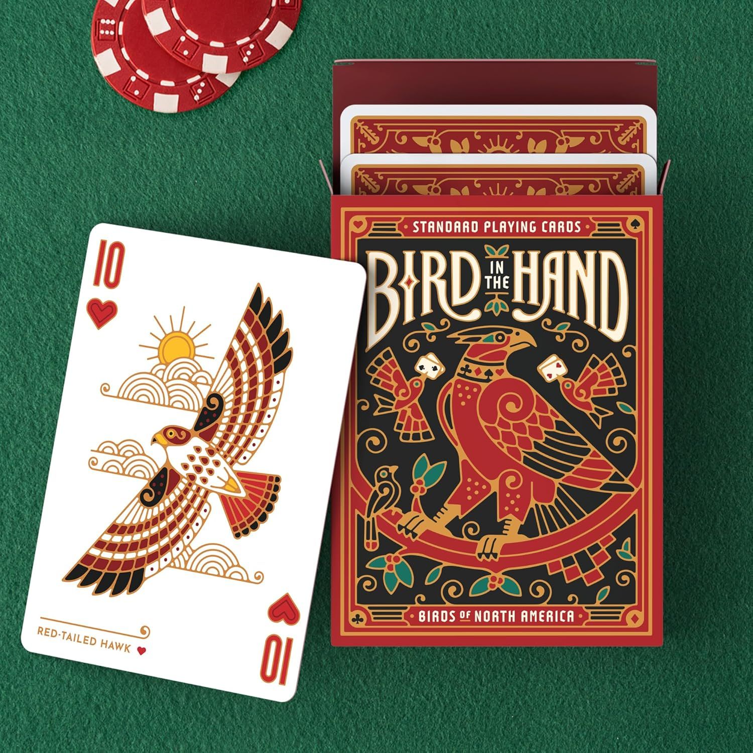 Shows the playing card deck packaging and a sample card to give shoppers a clear view of the product design and artistic style.