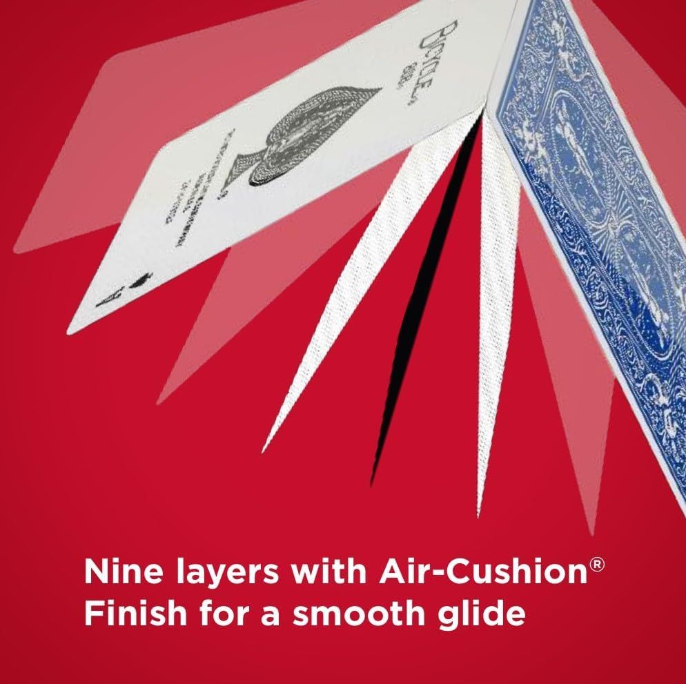 Demonstrates the internal layered structure of the product to show how the Air-Cushion technology provides a smooth glide. Communicates the key benefit of smooth glide enabled by the nine-layer…