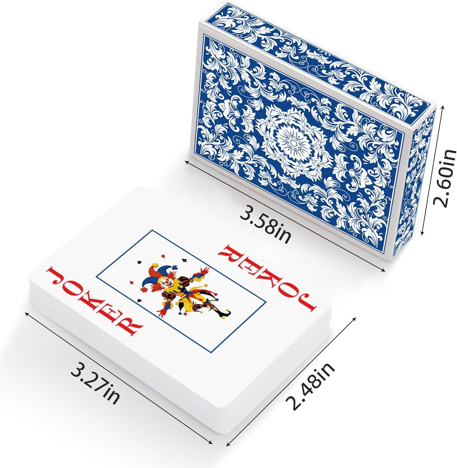 Communicates the exact physical dimensions of the playing card deck and its decorative box to help shoppers understand the product size before purchase.