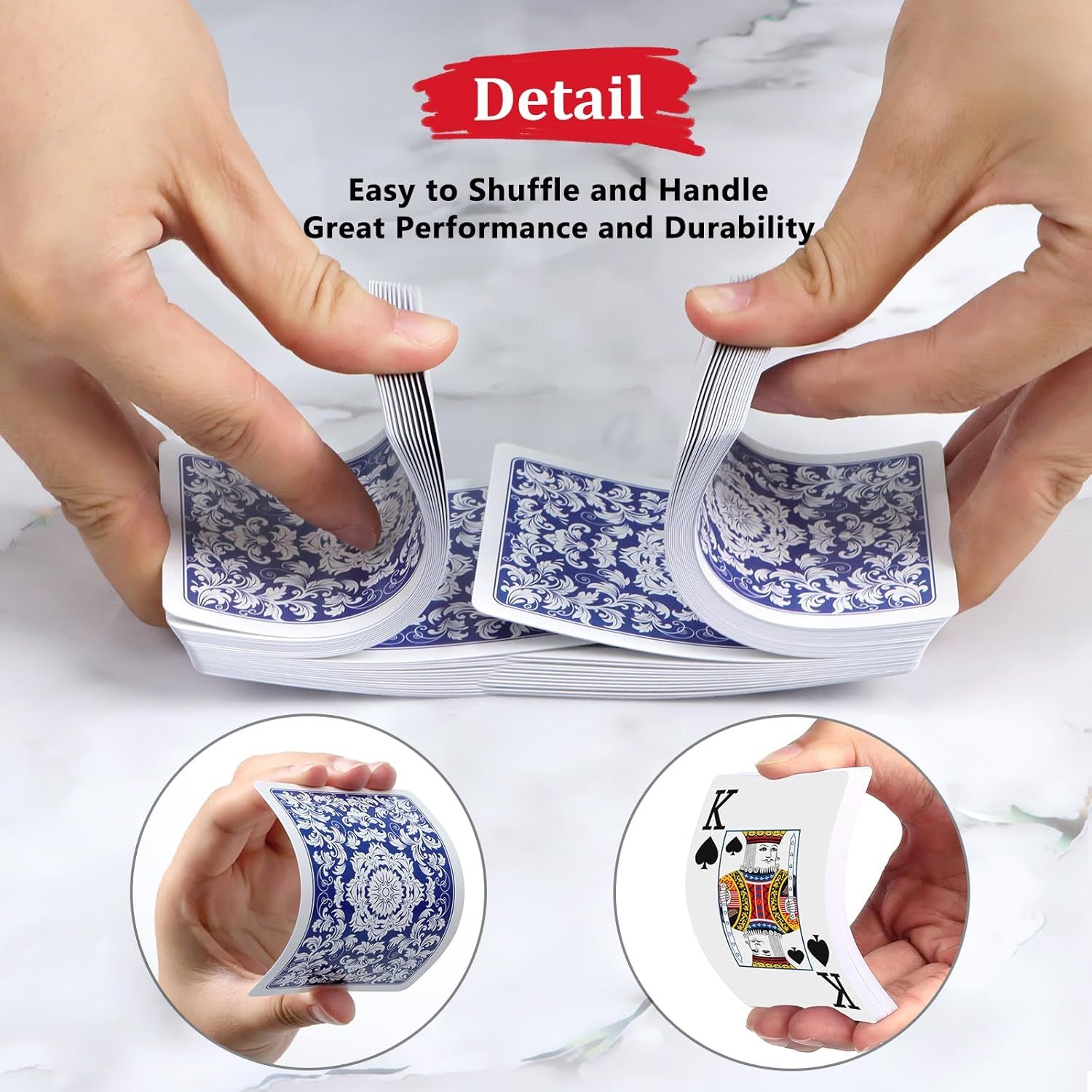 Demonstrates the playing cards' flexibility, ease of handling, and durability through hands-on shuffling demonstration and close-up detail shots.