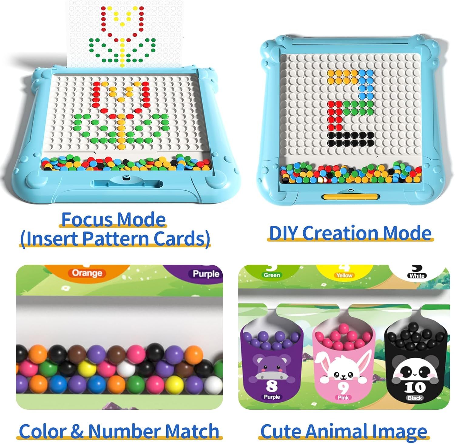 Demonstrates the product's multiple play modes and learning features, showing parents that this toy offers guided pattern-following activities, creative free play, color/number learning, and…