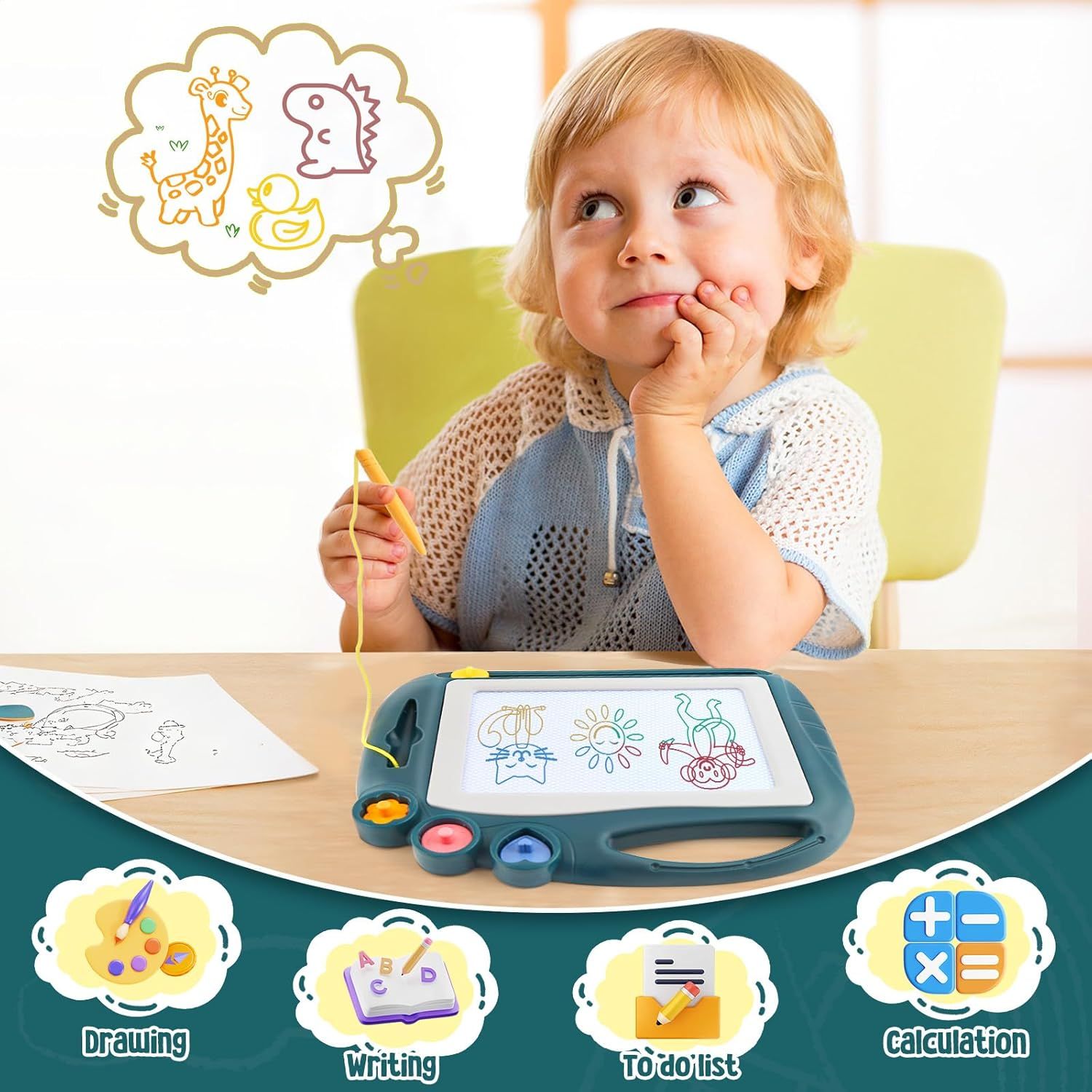 Demonstrates the multiple ways the product can be used by children, showing versatility across creative and educational activities. Communicates that the product supports multiple learning and…