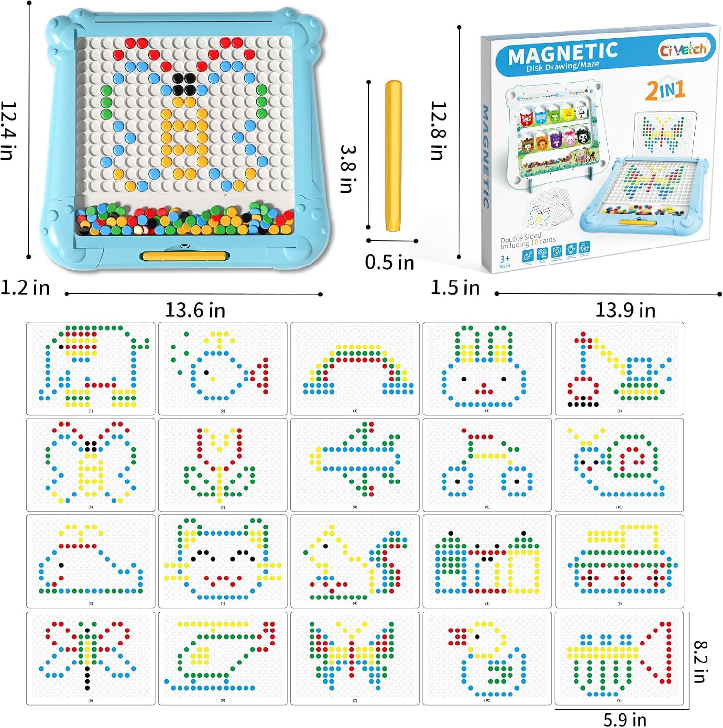 Shows the exact physical dimensions of the magnetic drawing board, packaging, stylus, and pattern cards to help shoppers understand the size and scale of the product before purchase. Demonstrates…