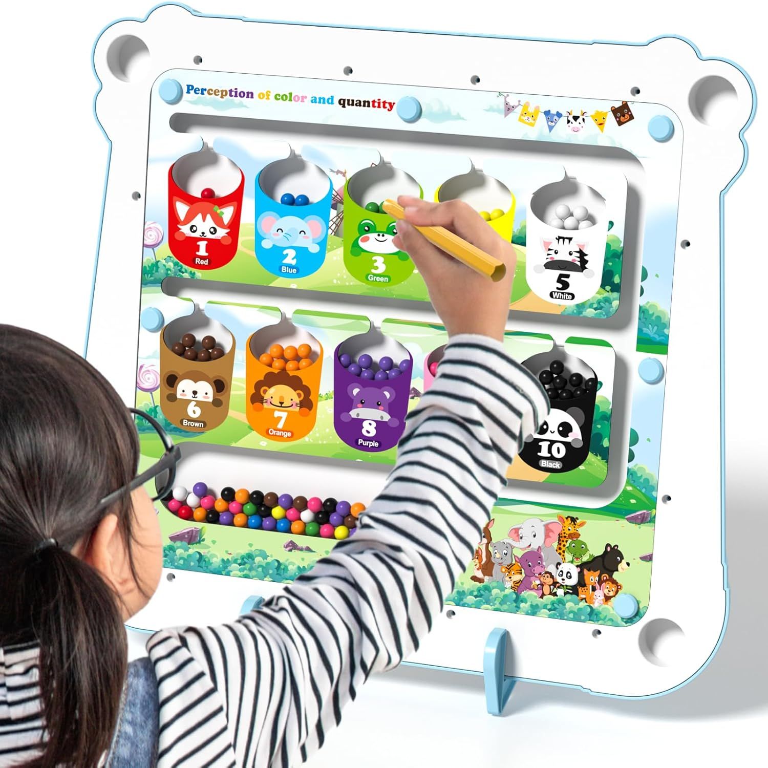 Demonstrates how children use the product to learn colors and counting by sorting colored balls into numbered animal containers, showing the interactive educational play experience. Communicates the…