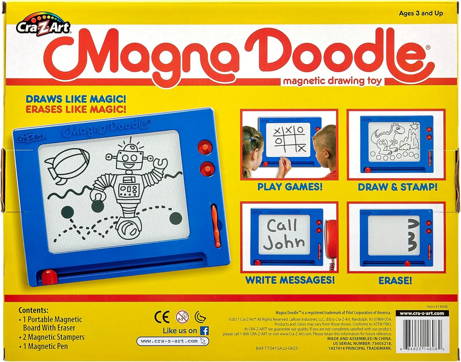 Demonstrates the multiple ways children can use the magnetic drawing toy, showing versatility across gaming, drawing, writing, and erasing activities. Showcases four distinct benefits of the product…