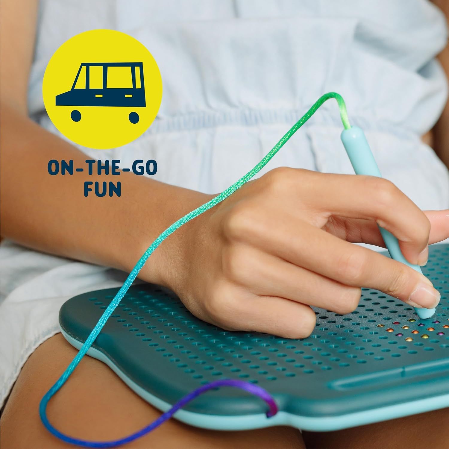 Communicates that the product is portable and perfect for entertainment on-the-go, ideal for travel, car rides, and keeping kids engaged anywhere.