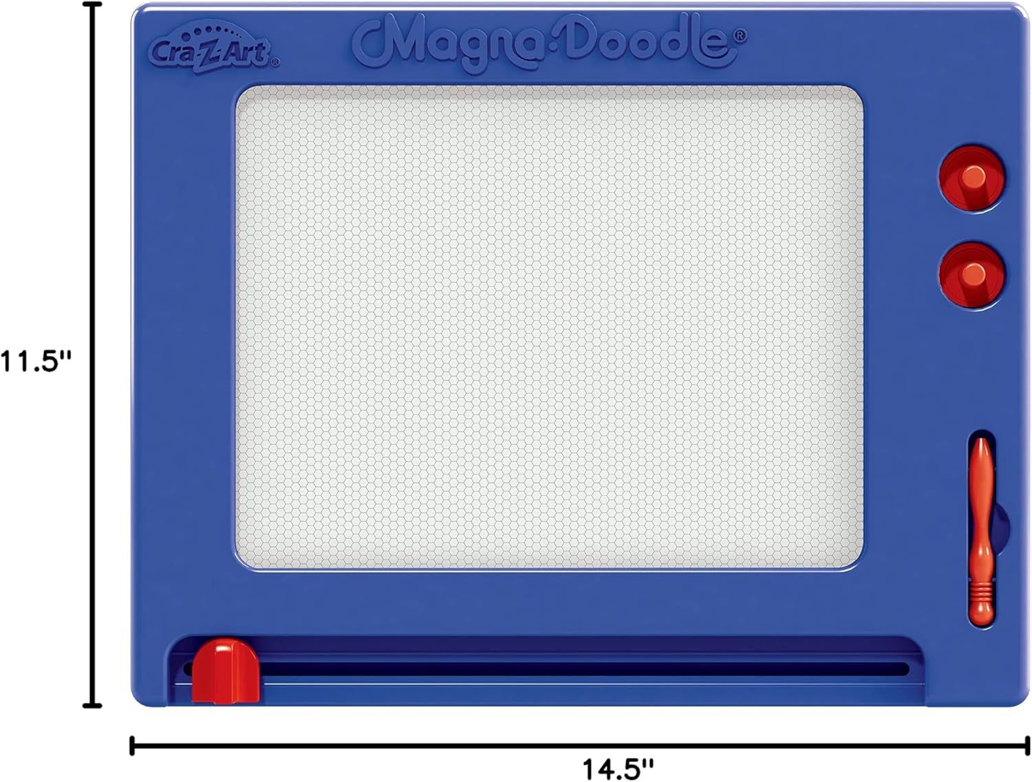 Communicates the exact physical size of the Magna-Doodle drawing board (14.5 inches by 11.5 inches) to help shoppers understand how large the product is before purchase.