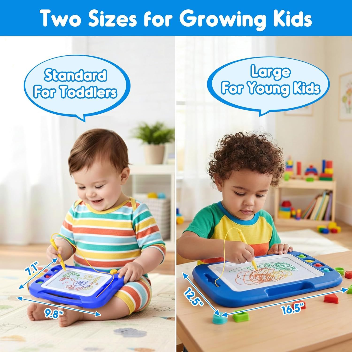 Shows the brand's two size options for the drawing board product, helping parents choose the right size as their child grows from toddler to young kid.