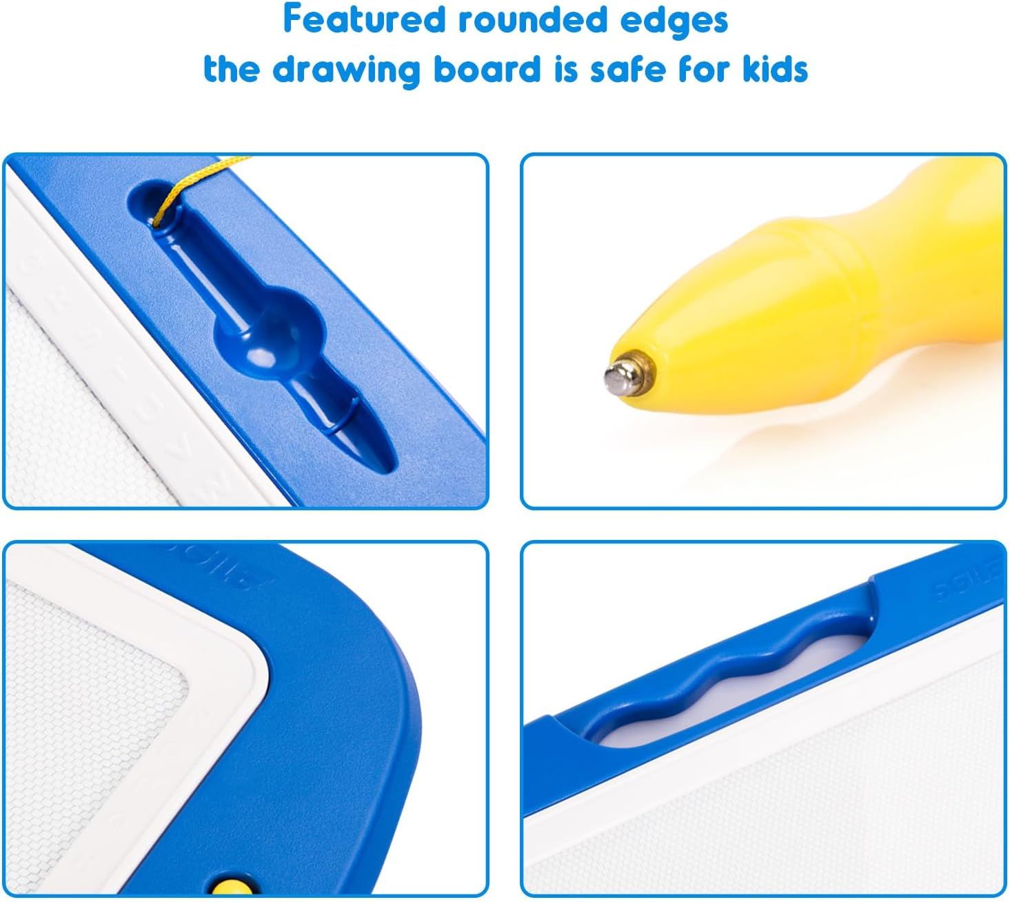 Highlights the rounded edges and safe design features of the drawing board to reassure parents that the product is safe for children to use. Communicates the primary benefit that the drawing board…