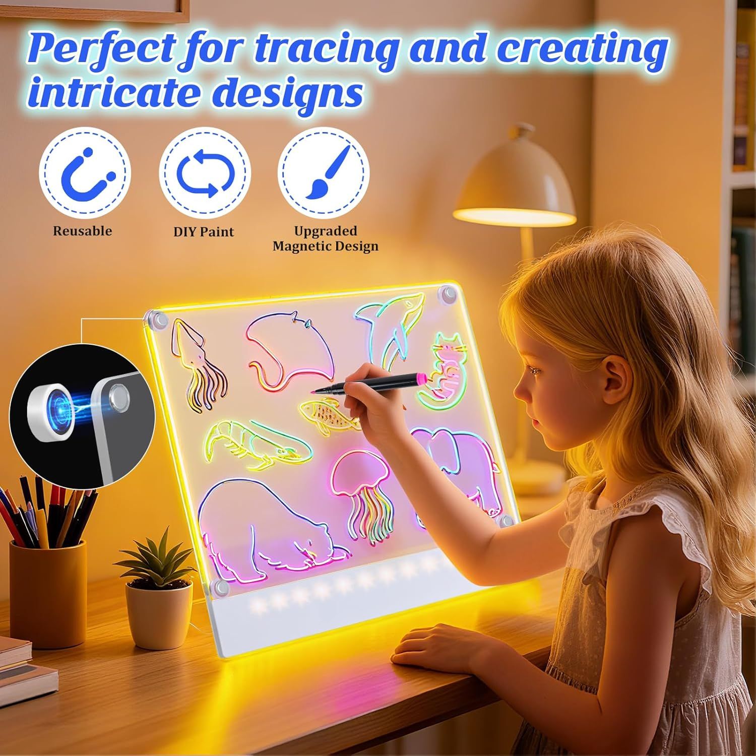 Communicates multiple distinct benefits of the tracing board in a segmented layout with icons, showing it is reusable, paintable, and features an upgraded magnetic design to appeal to parents and…