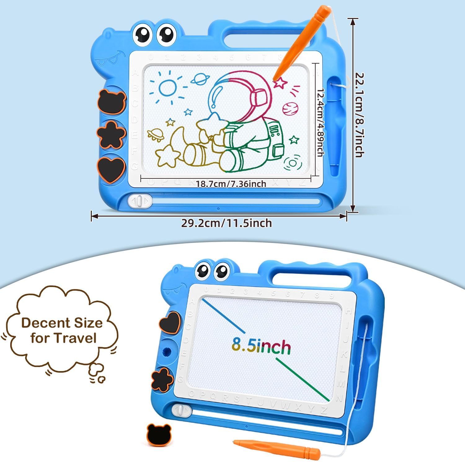 Communicates the exact physical dimensions of the drawing board (29.2cm x 22.1cm overall, 8.5-inch screen) with measurement arrows to help shoppers understand the product's size and portability for…