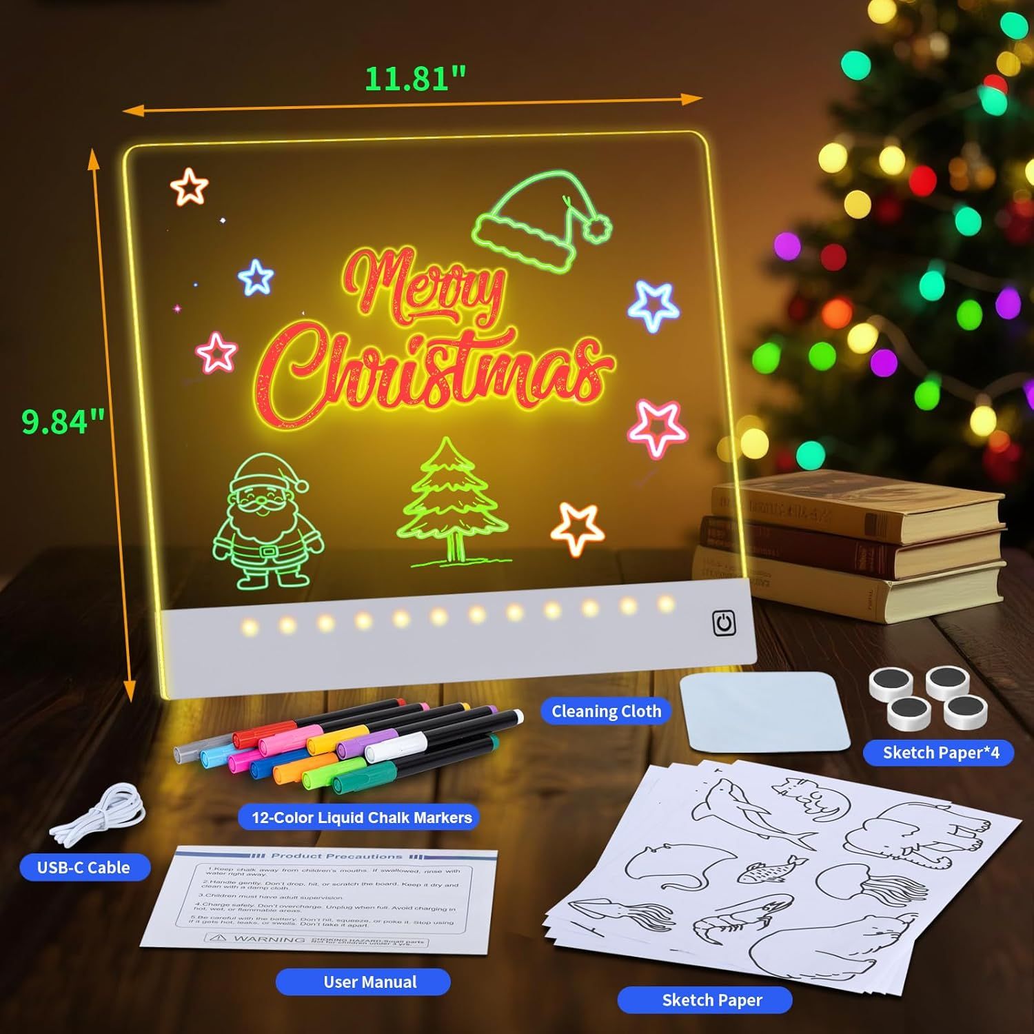 Shows everything included in the package: the LED drawing board, 12-color liquid chalk markers, USB-C cable, cleaning cloth, sketch paper templates, and user manual to demonstrate the complete value…