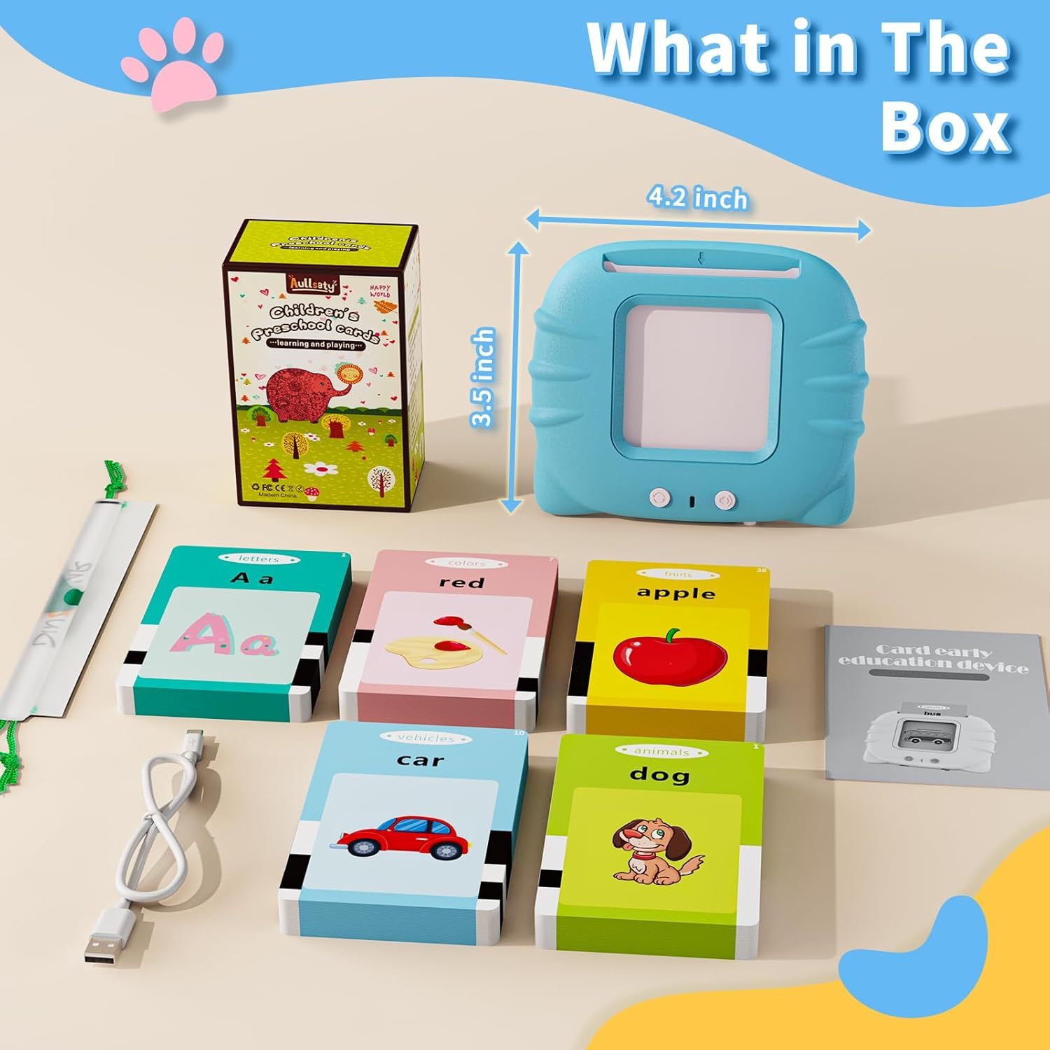 Shows everything included in the package to help parents understand the complete educational kit their child will receive, including the device, flashcards, and charging cable. Provides exact…