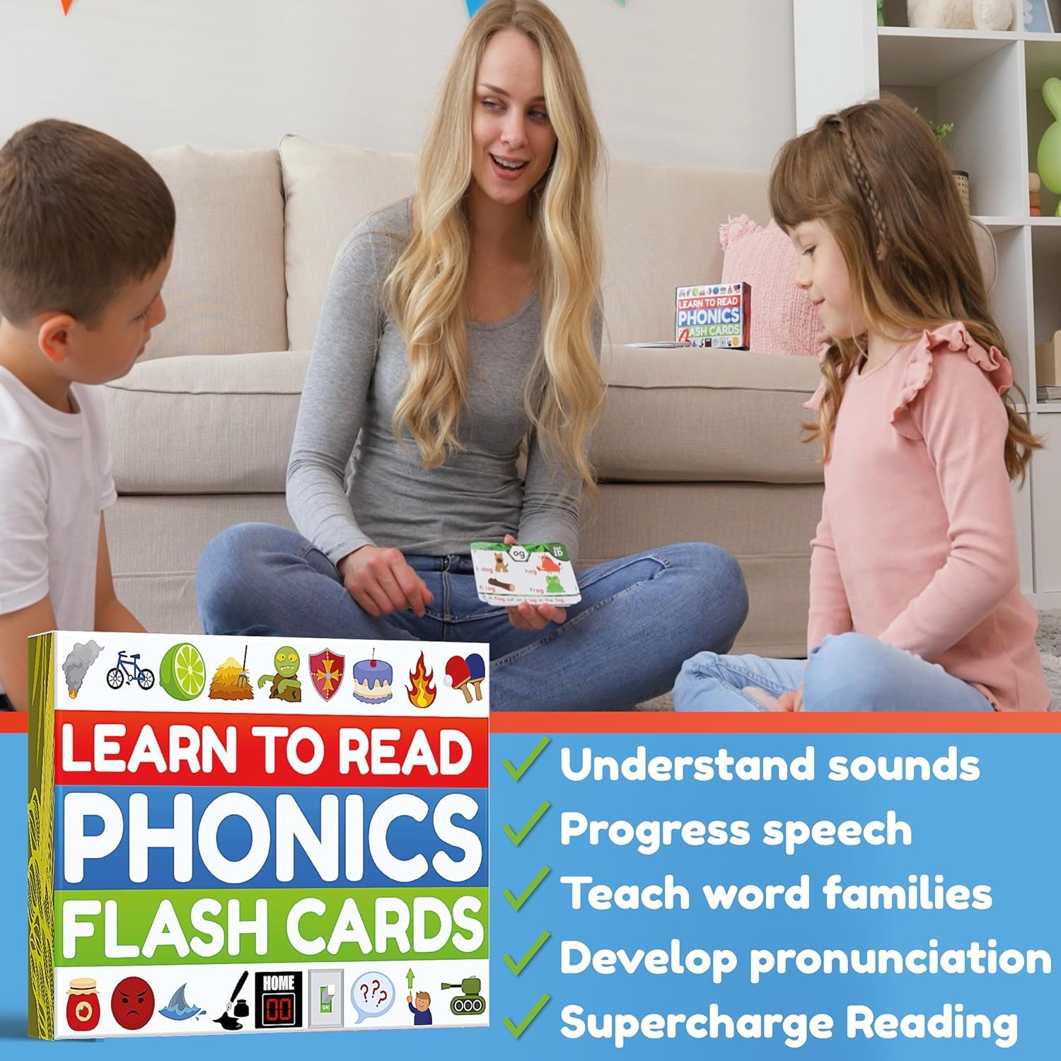 Communicates multiple educational benefits of the phonics flash cards in a segmented checklist format to reassure parents and educators of the product's comprehensive learning value.