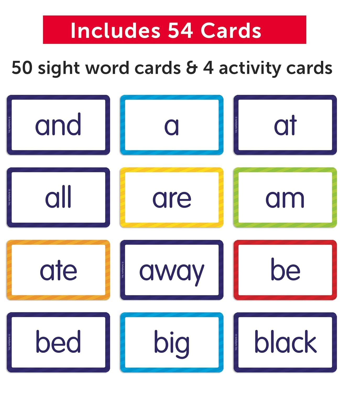 Shows the customer exactly what is included in the package: 50 sight word cards and 4 activity cards, helping them understand the complete contents of the educational product.