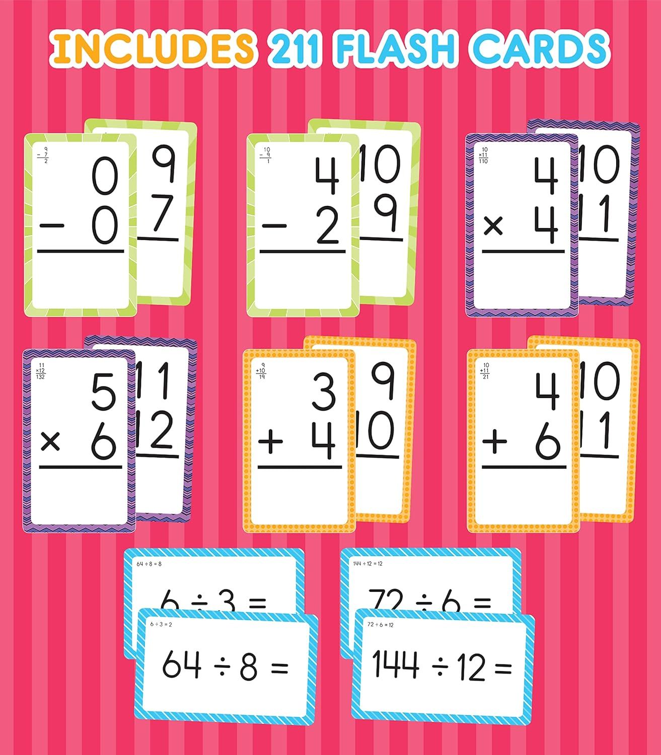 Shows the customer exactly what is included in the purchase—211 flash cards covering various math operations—to communicate the comprehensive value and educational scope of the product.