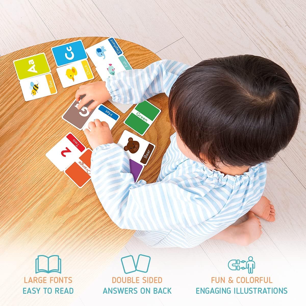 Highlights three distinct product benefits—easy-to-read large fonts, double-sided design with answers on back, and fun colorful illustrations—to reassure parents and educators that the flashcards…