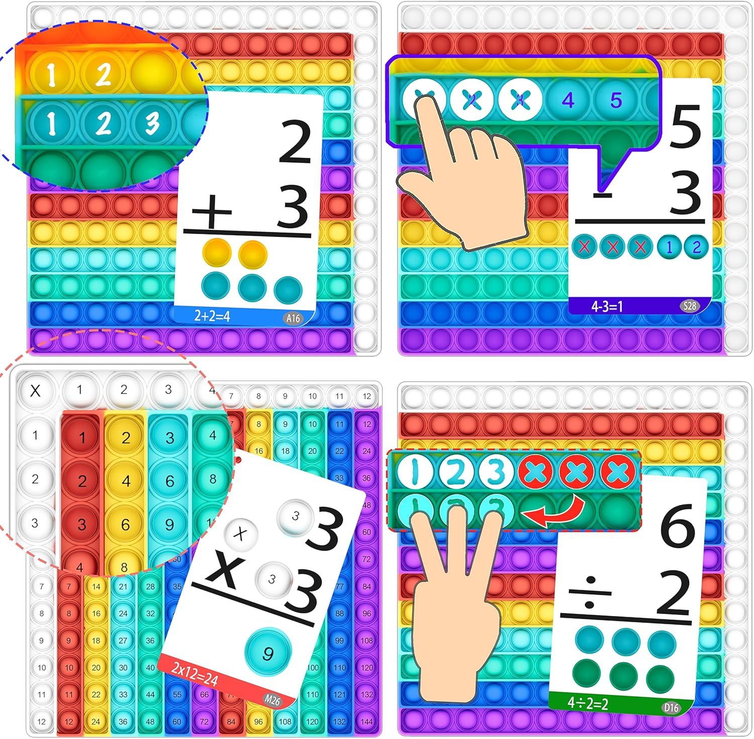 Demonstrates the product's versatility by showing it can be used for multiple types of math problems (addition, subtraction, multiplication, division), making it a comprehensive learning tool.
