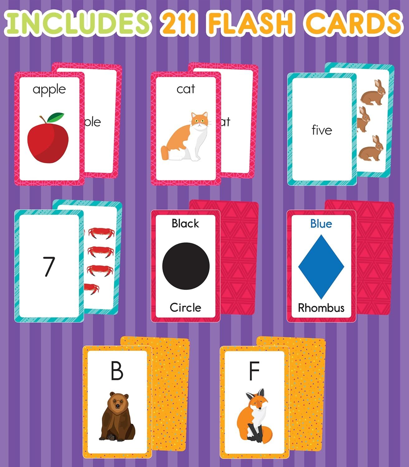 Shows the variety and quantity of flash cards included in the product set, demonstrating the comprehensive educational content the customer will receive.