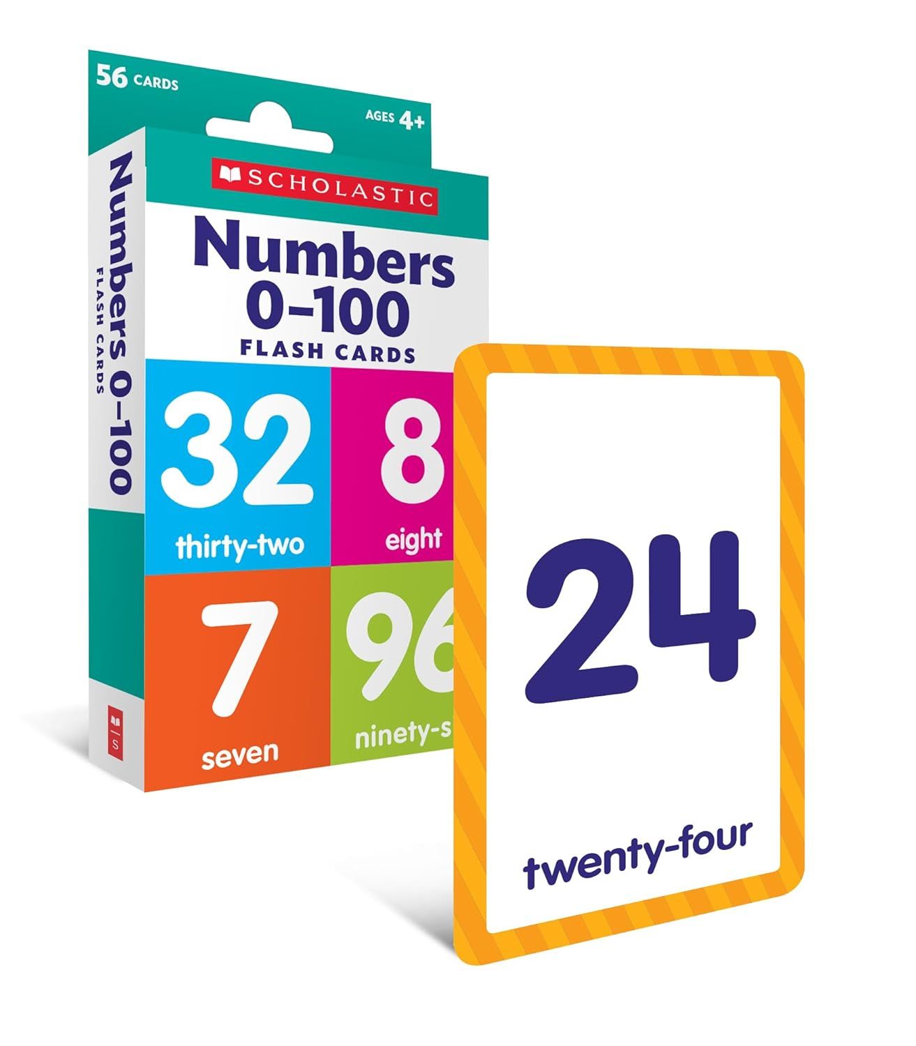 Shows the customer what is included in the product package: a box of 56 flash cards with numbers 0-100, demonstrating the educational content and value of the complete set.