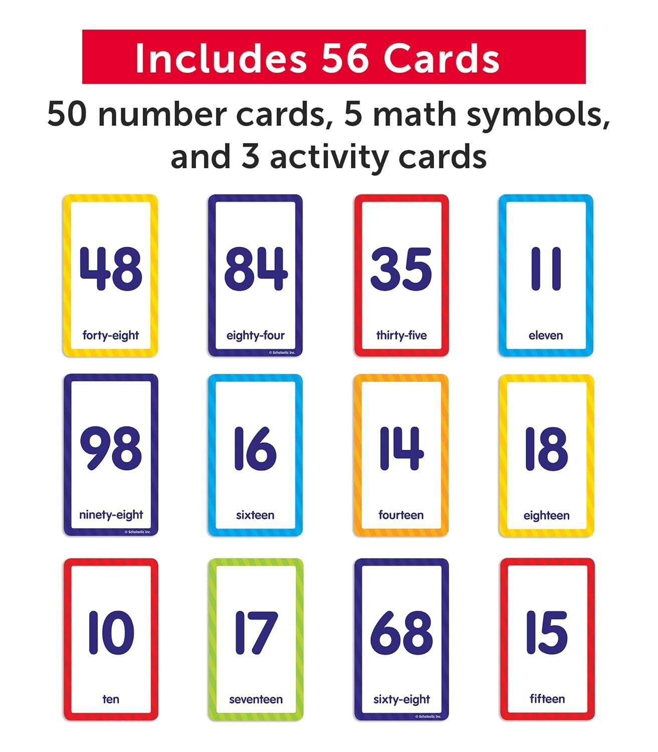 Shows shoppers exactly what cards are included in the set (56 total: 50 number cards, 5 math symbols, and 3 activity cards) to help them understand the complete package contents.