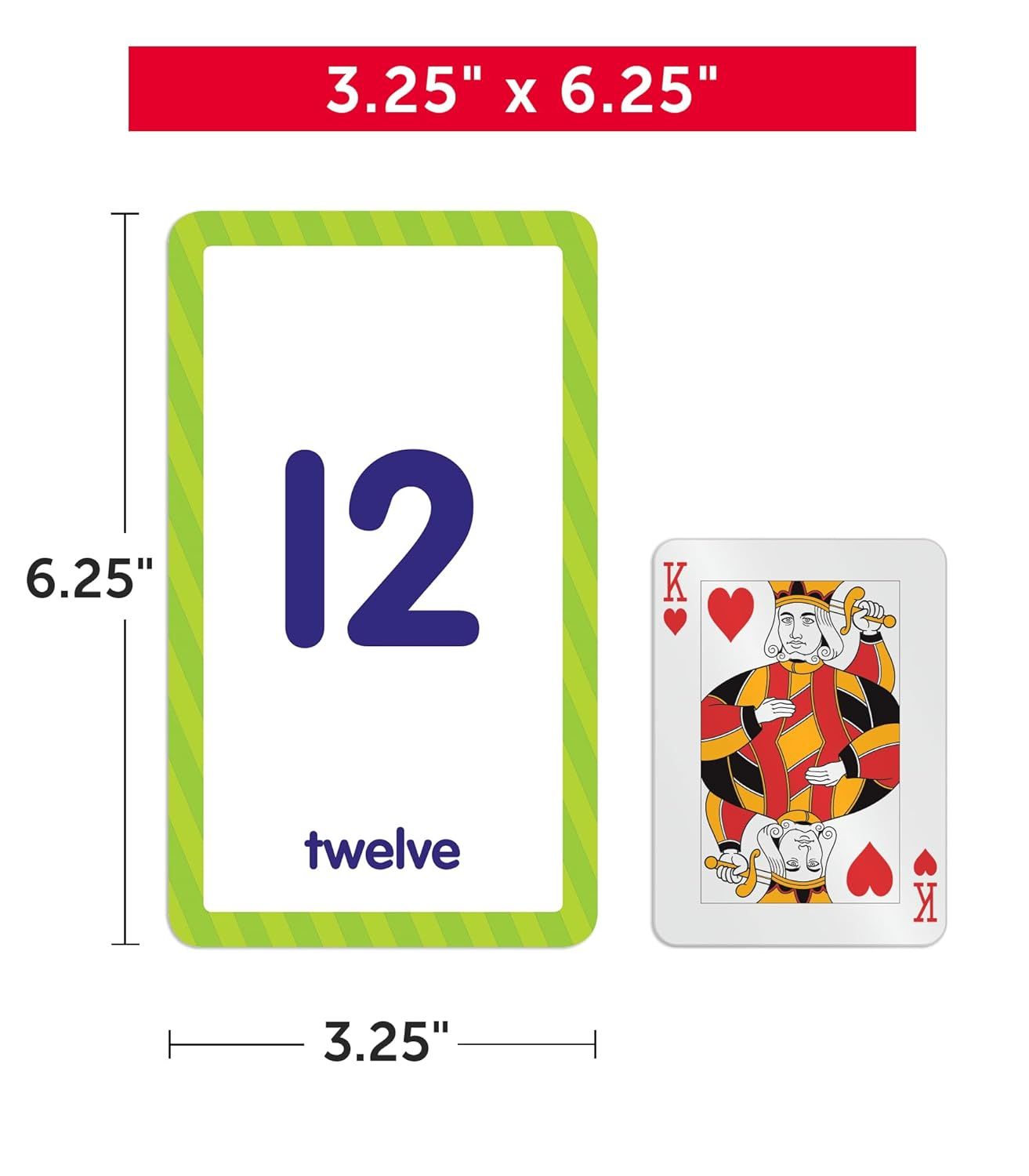Shows the exact physical dimensions of the product (3.25 x 6.25 inches) with measurement arrows and a playing card for scale reference, helping shoppers…