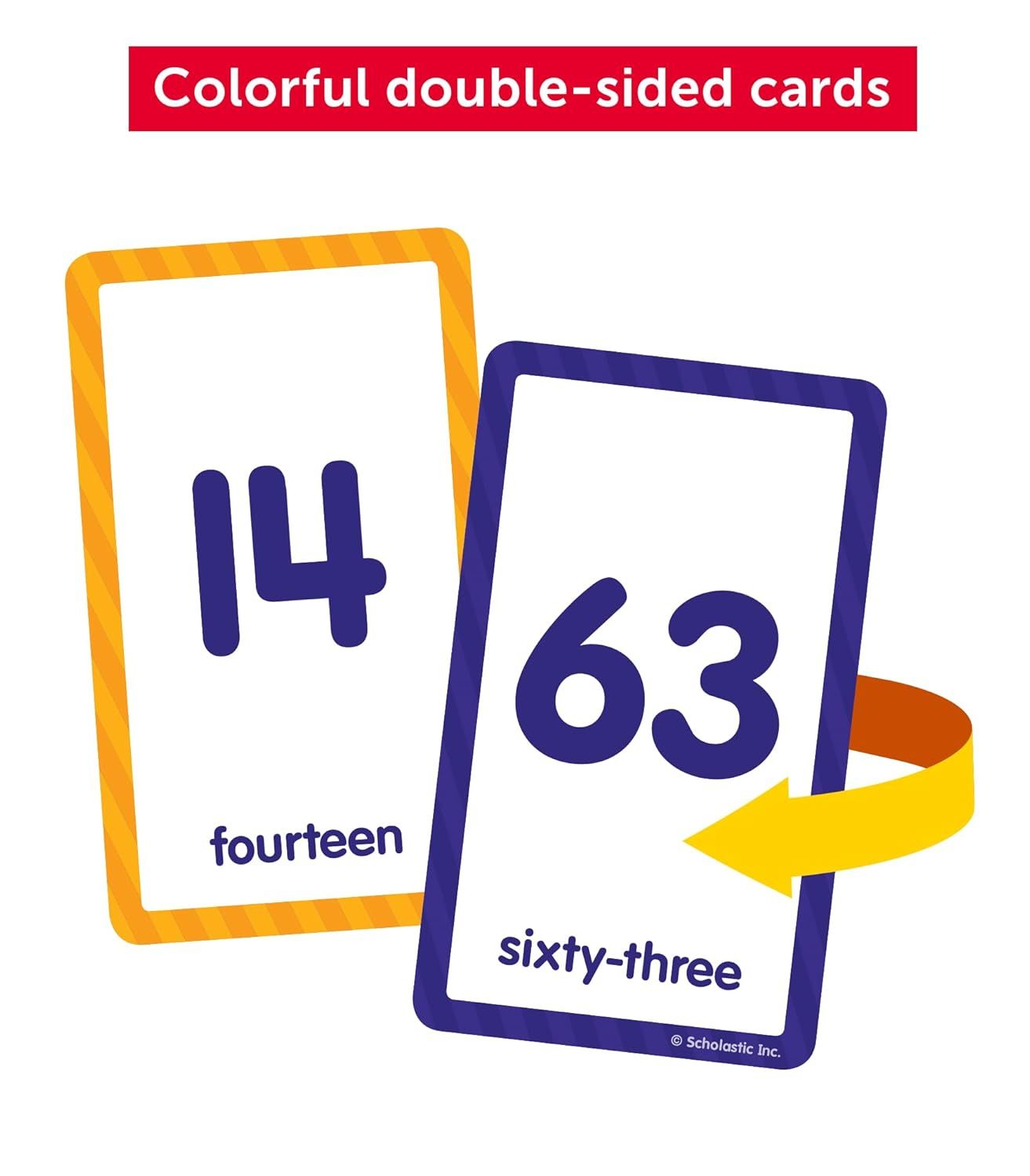 Communicates that the educational cards are double-sided, showing both numeral and word forms to help children learn numbers in multiple formats.