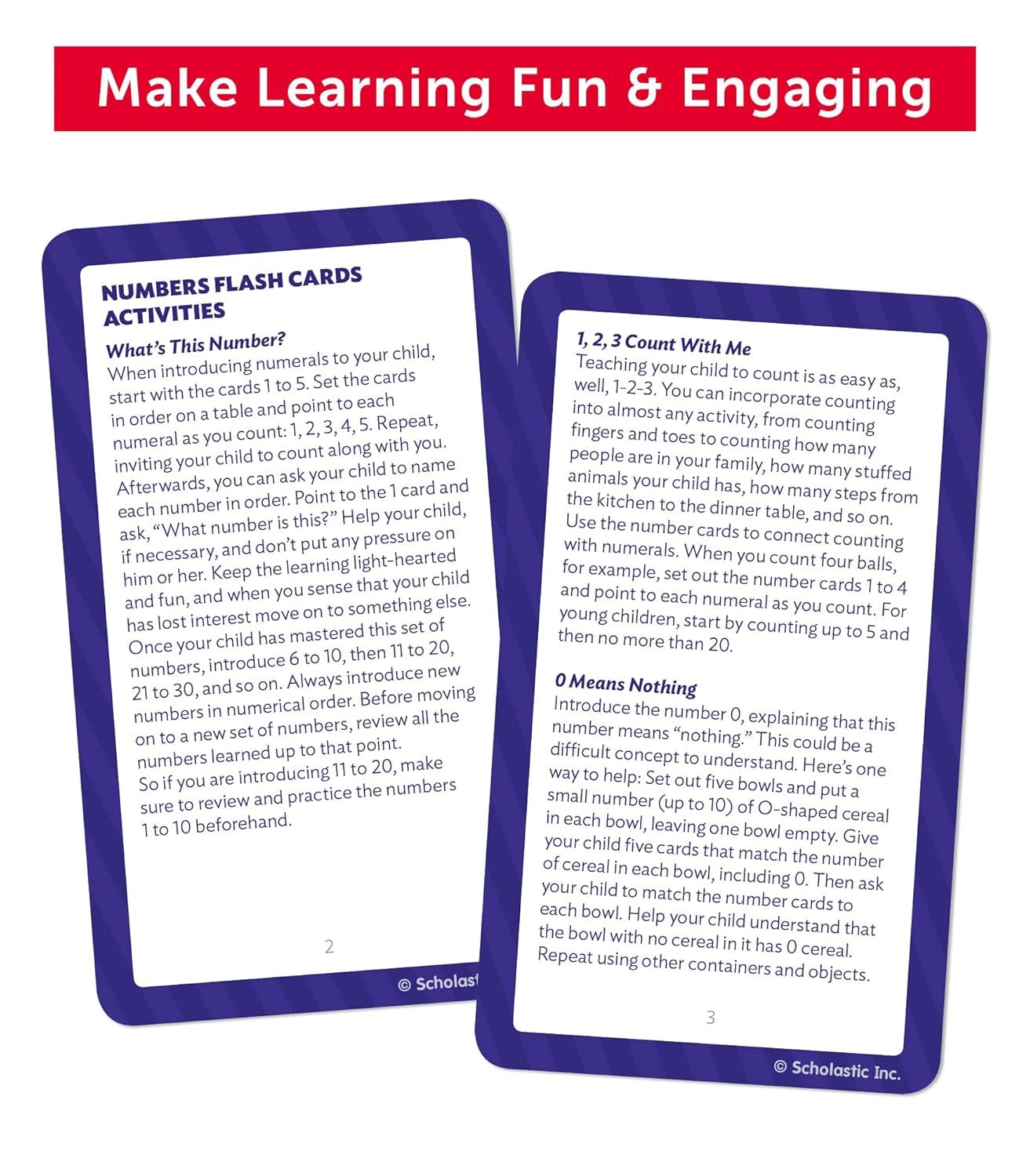Provides parents with step-by-step instructional guidance on how to use number flashcards to teach children counting and number recognition through engaging activities.