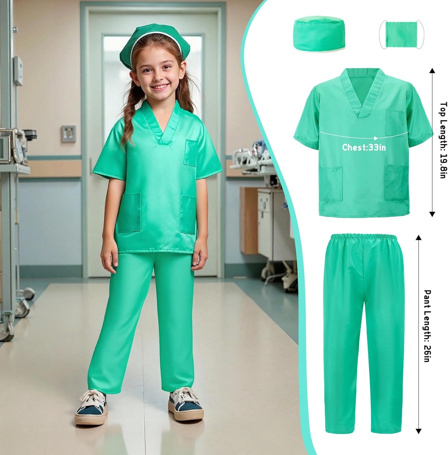 Provides exact dimensional measurements for the chest and pant length to help shoppers determine the correct size for their child. Shows all items included in the purchase: scrub top, pants,…