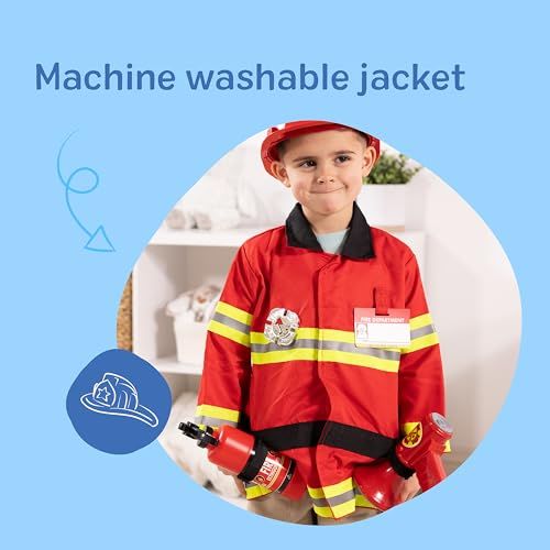 Communicates that the firefighter costume jacket is machine washable, reassuring parents of easy care and maintenance.