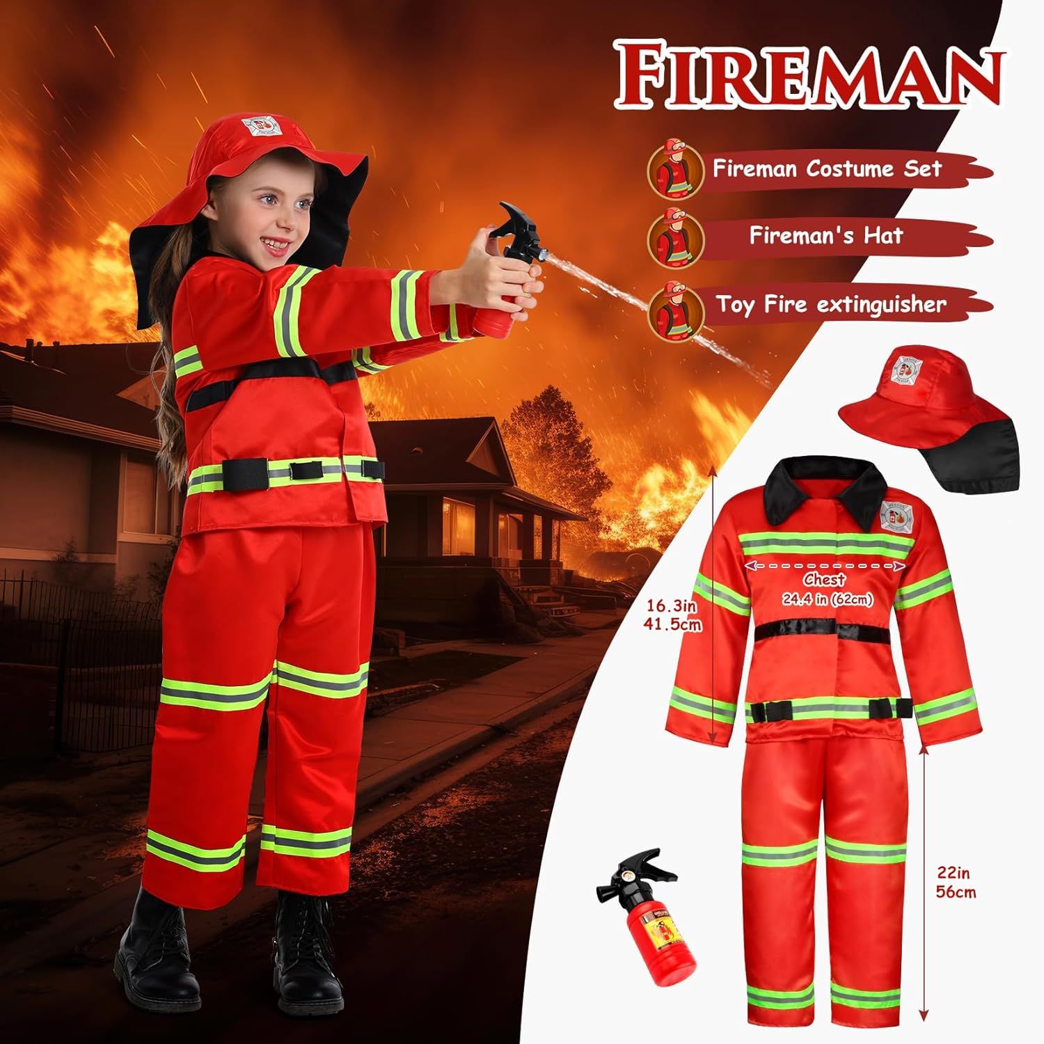 Shows all the items included in the fireman costume set (costume, hat, and toy extinguisher) to help shoppers understand what they will receive in the…