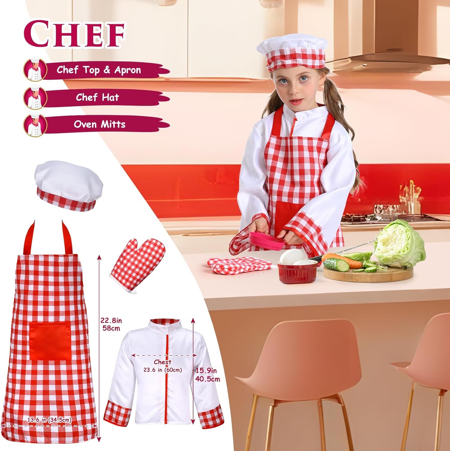 Shows all the items included in the children's chef costume set, helping shoppers understand the complete package they will receive. Provides exact…