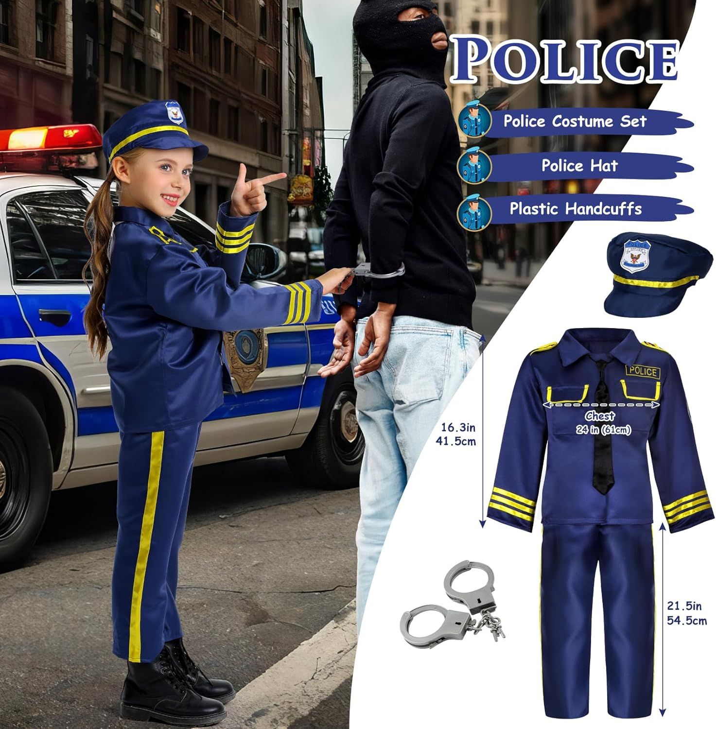 Shows all the items included in the police costume set (hat, uniform, handcuffs) to help shoppers understand what they receive with their purchase. Provides…