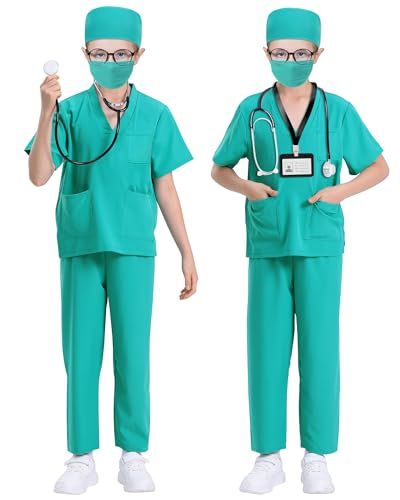 Shows the complete doctor costume set from two angles to help shoppers see the full outfit and included accessories like stethoscope and ID badge.