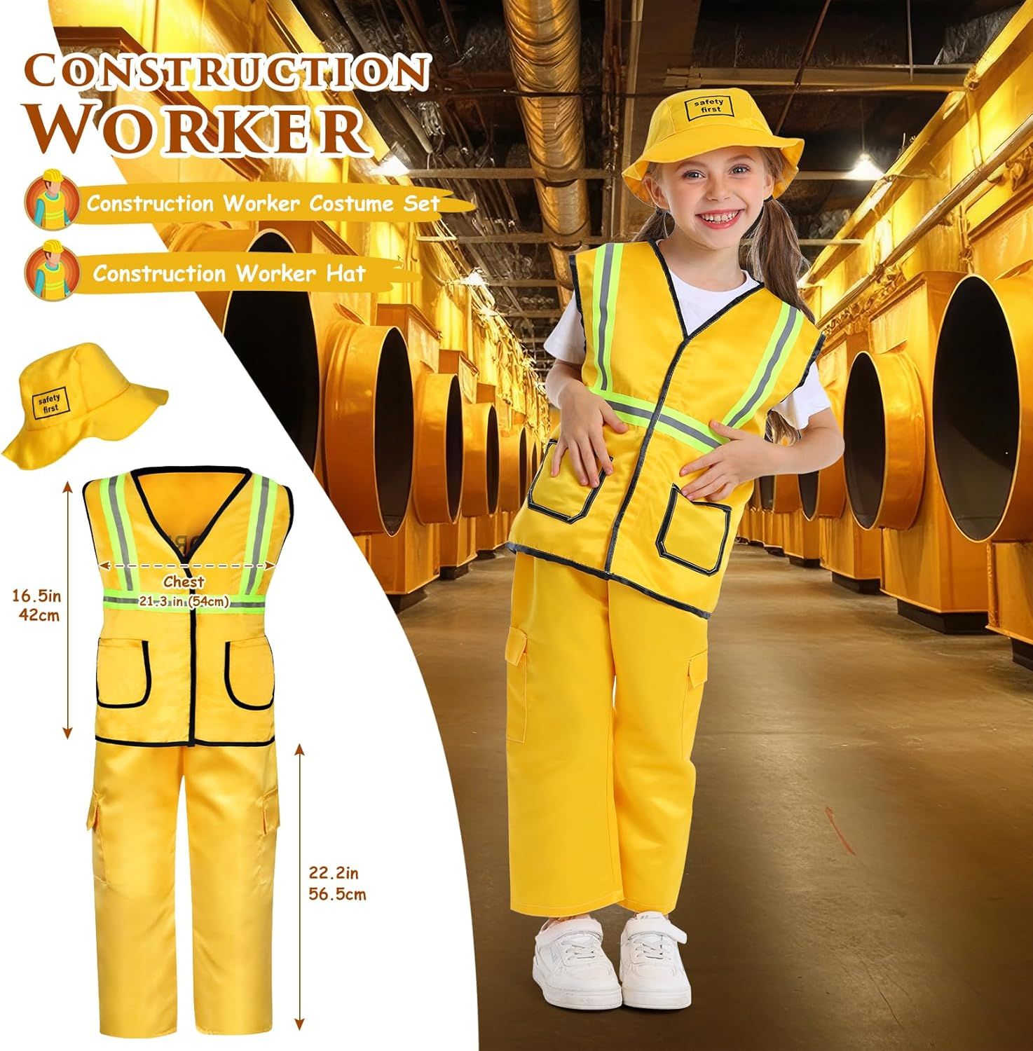 Provides exact measurements of the construction worker costume set (chest 21.3in/54cm, pants 22.2in/56.5cm) to help parents determine if the costume will fit…