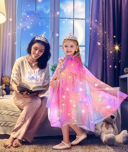 Showcases the product (princess cape with lights) being enjoyed in a real-world home setting, creating an emotional connection and demonstrating the magical…