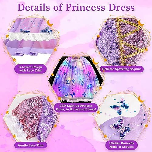 This image breaks down the princess dress by highlighting its key design features and components—layered construction, sequin details, LED lights, lace trim, and butterfly embellishments—to help…