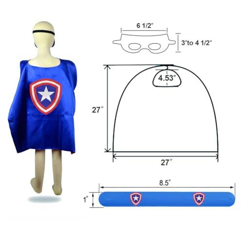 Provides exact measurements of the cape, mask, and wristband components to help shoppers understand the physical size and fit for children.