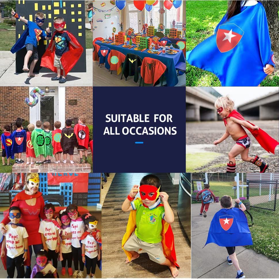 Demonstrates the versatility of the superhero capes by showing them being used in multiple real-world scenarios including parties, outdoor play, school…