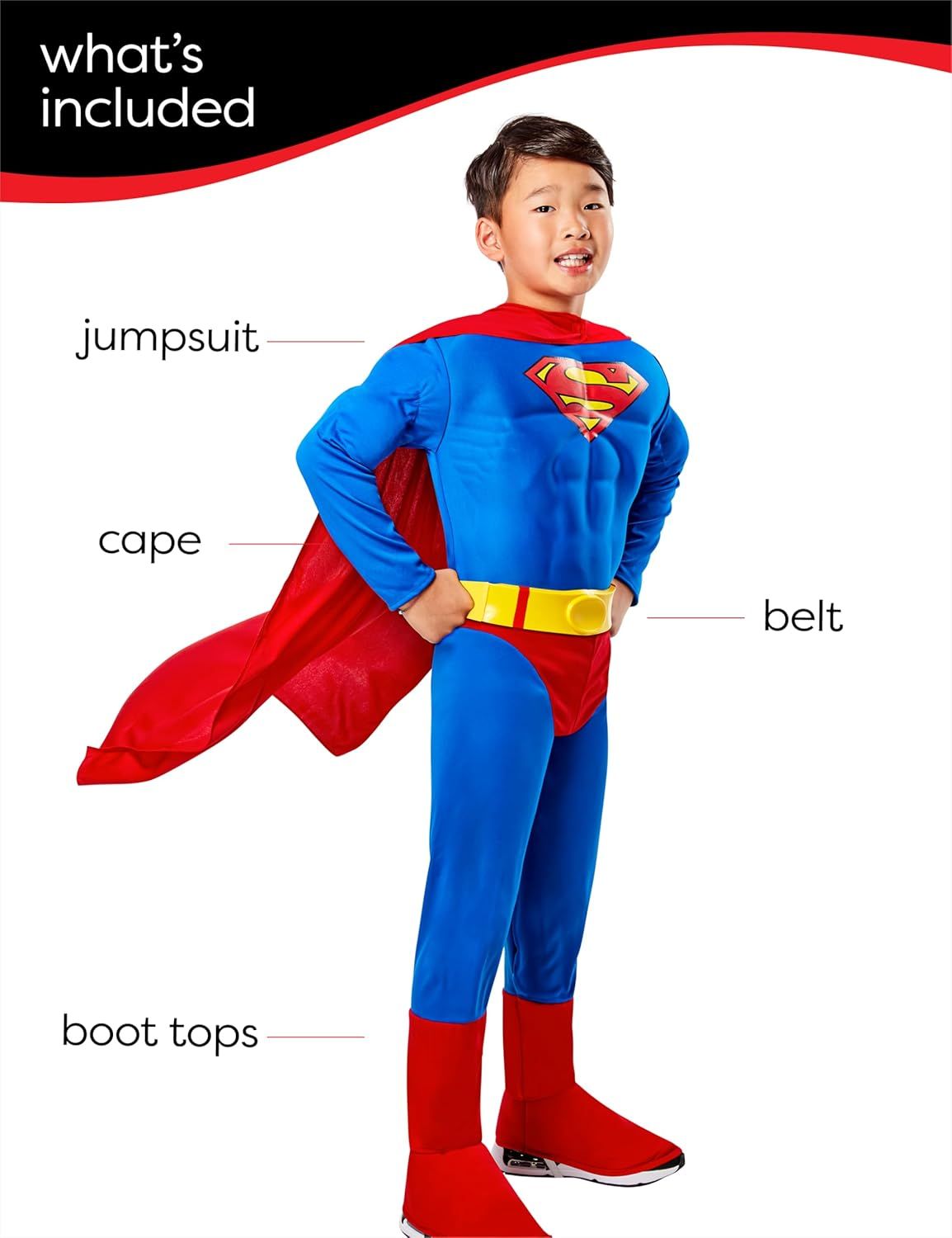 Shows all the components included in the costume package so shoppers know exactly what they will receive when they purchase.