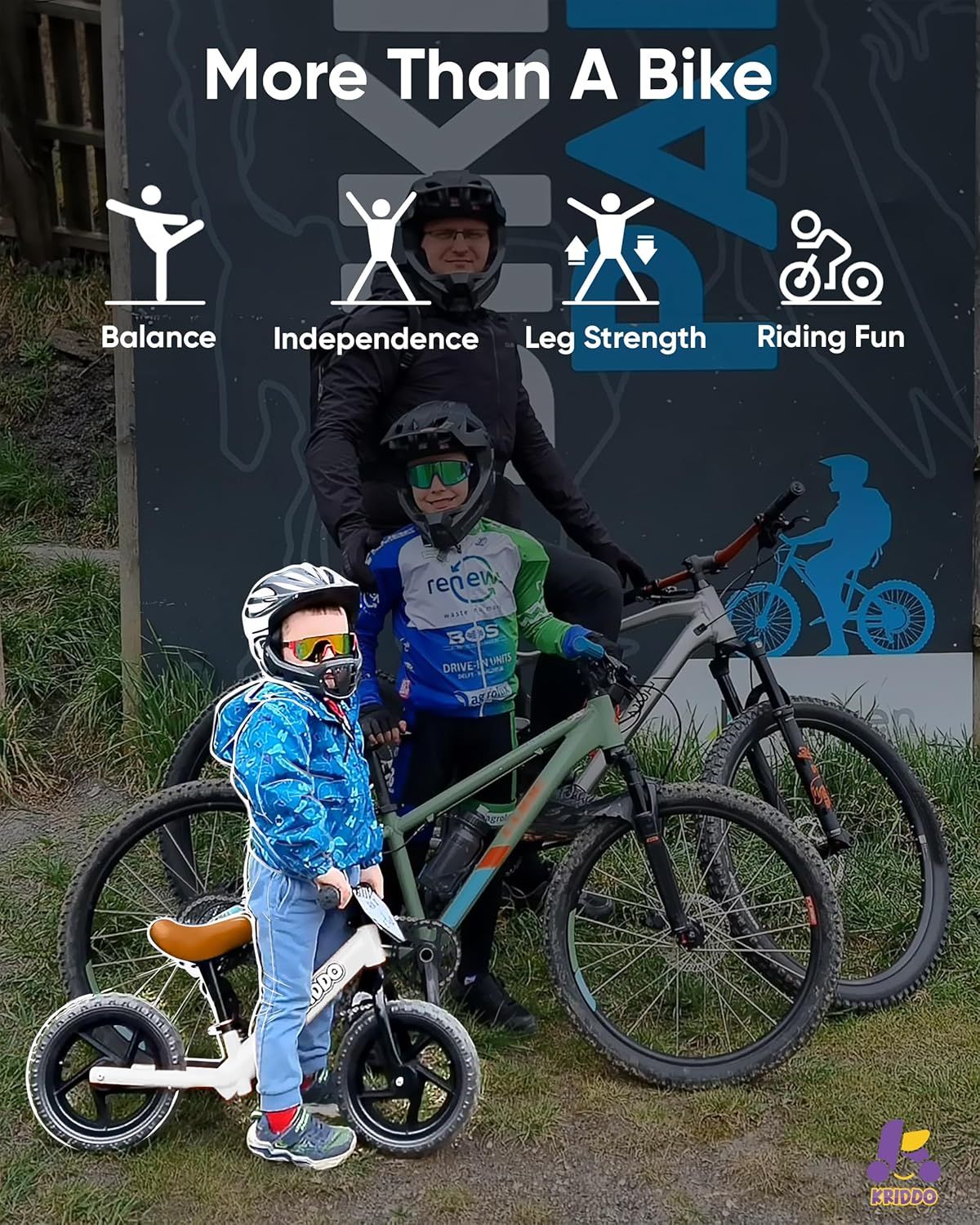 Communicates multiple developmental and recreational benefits of the balance bike to parents, showing it's more than just a toy—it's a tool for building physical skills and confidence.
