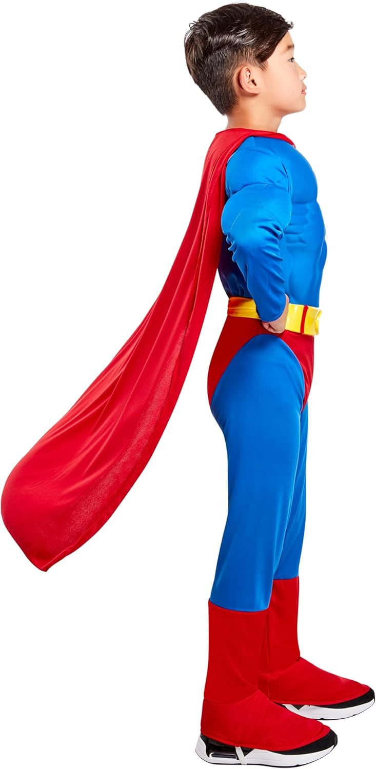 Displays the complete superhero costume on a model to show shoppers the full design, fit, and included cape from a side profile view.