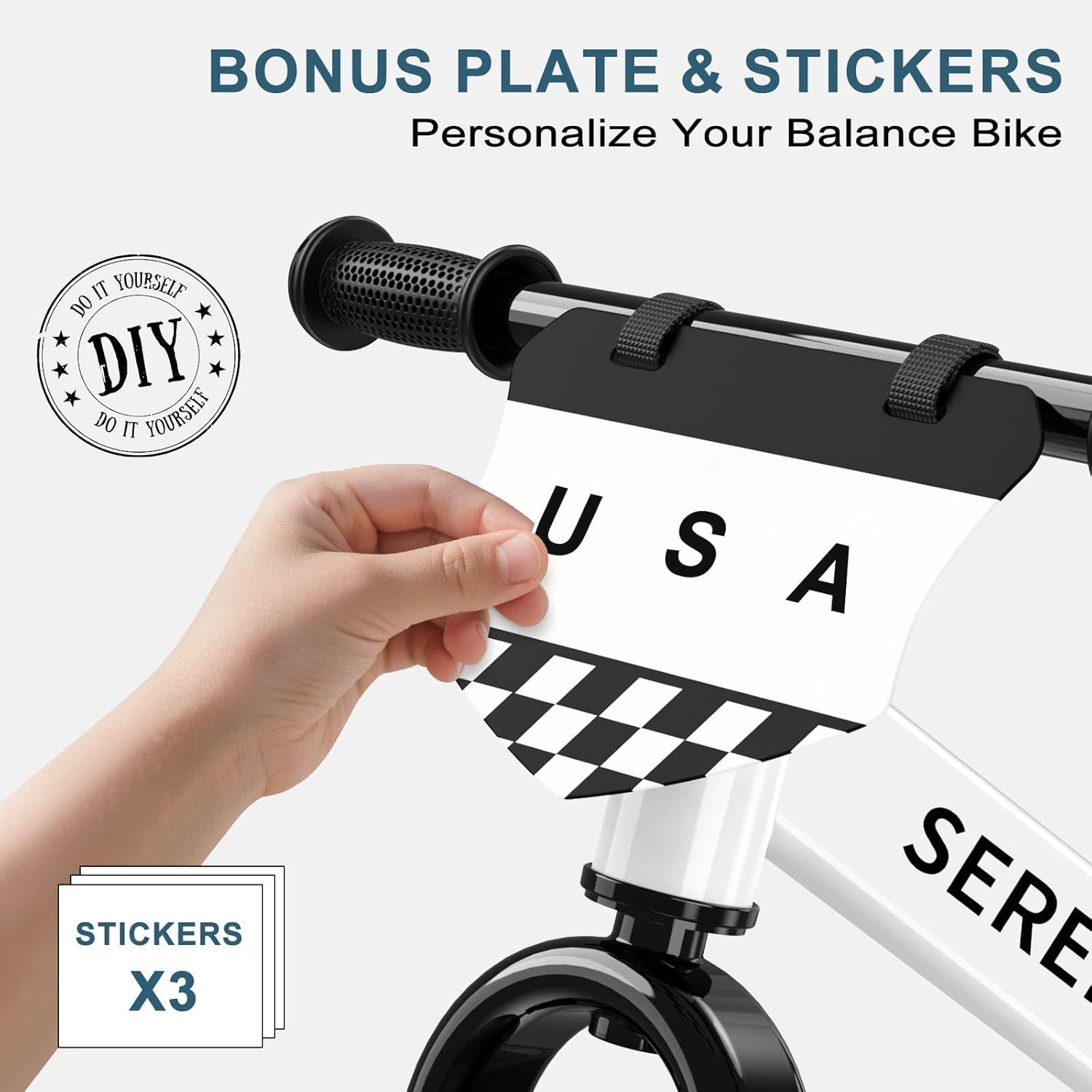 Shows the bonus items included with the balance bike purchase—a customizable plate and stickers—allowing customers to personalize their product.