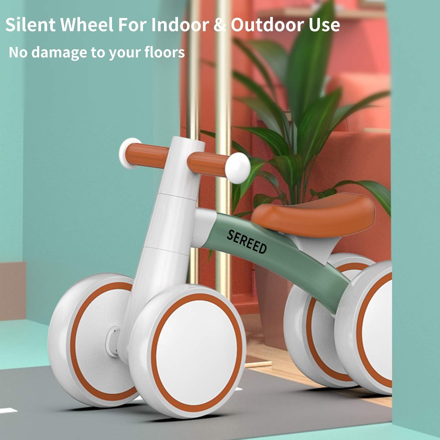Communicates the product's versatility by highlighting that it can be used in multiple environments (both indoor and outdoor settings). Reassures parents that the ride-on toy features silent wheels…